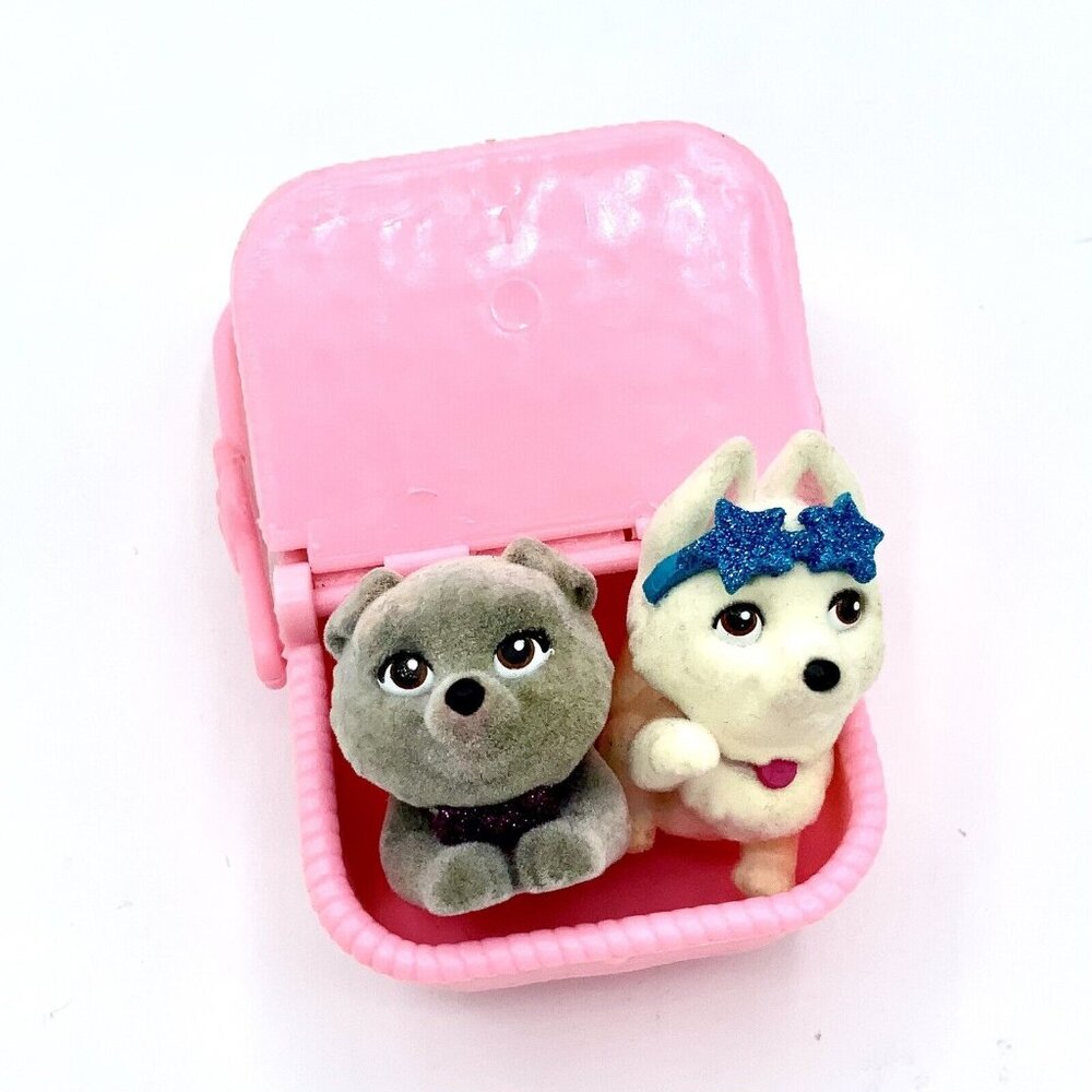 Miniature Flocked Dogs Figures Animal Puppies & Basket 1 1/4”-1 1/2” Lot Of 3